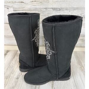 Koolaburra UGG Mens 7 Black Sheepskin Western Embellished Fleece Calf Boots NEW